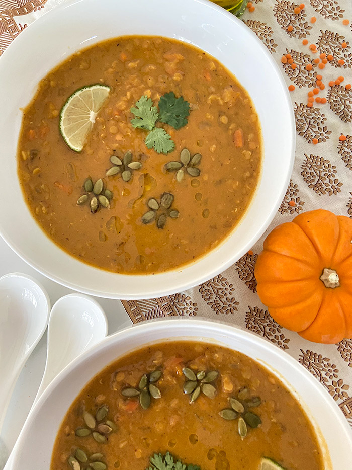 pumpkin lentil soup in a bowl