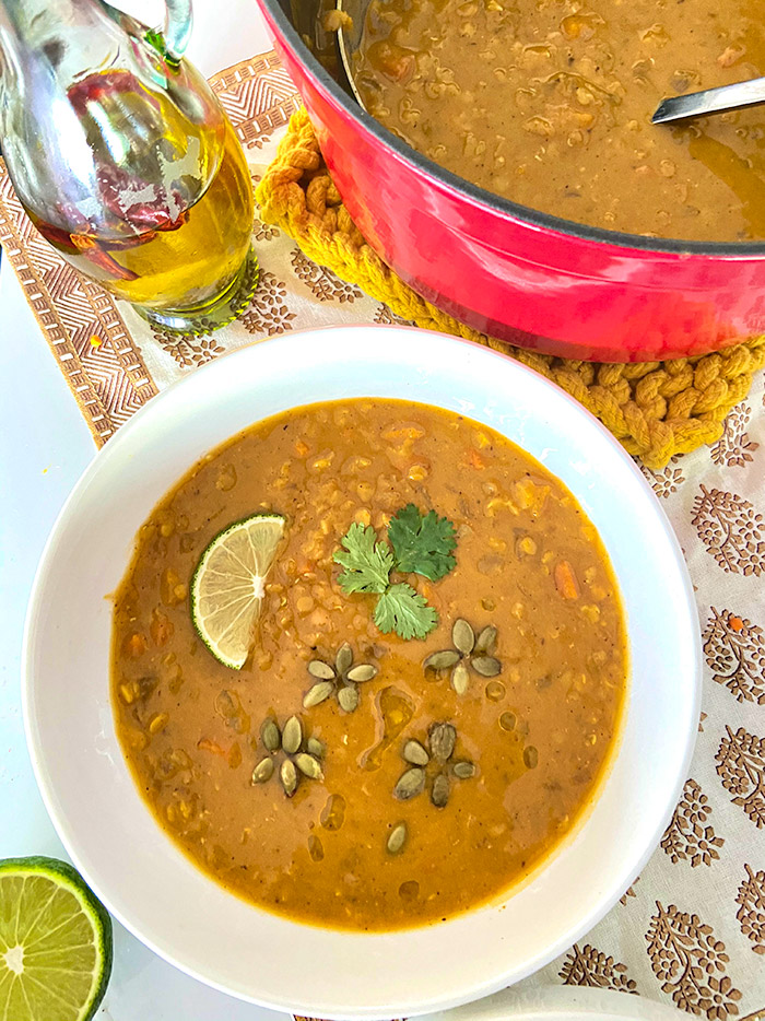 bowl of curry pumpkin lentil soup