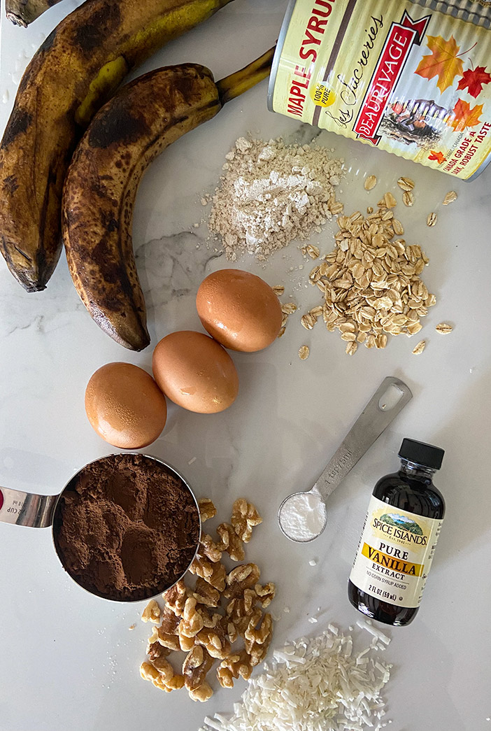 chocolate coconut banana bread with oat flour ingredients