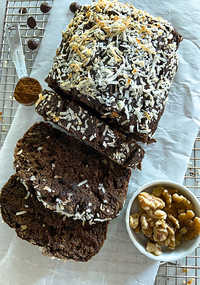 chocolate coconut banana bread with oat flour
