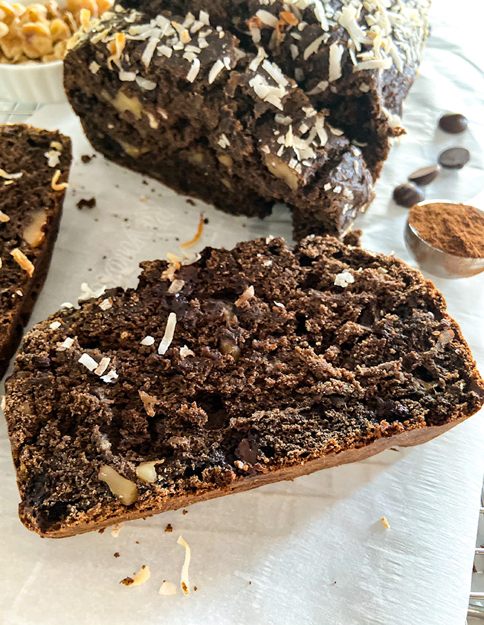 slice of chocolate coconut banana bread with oat flour