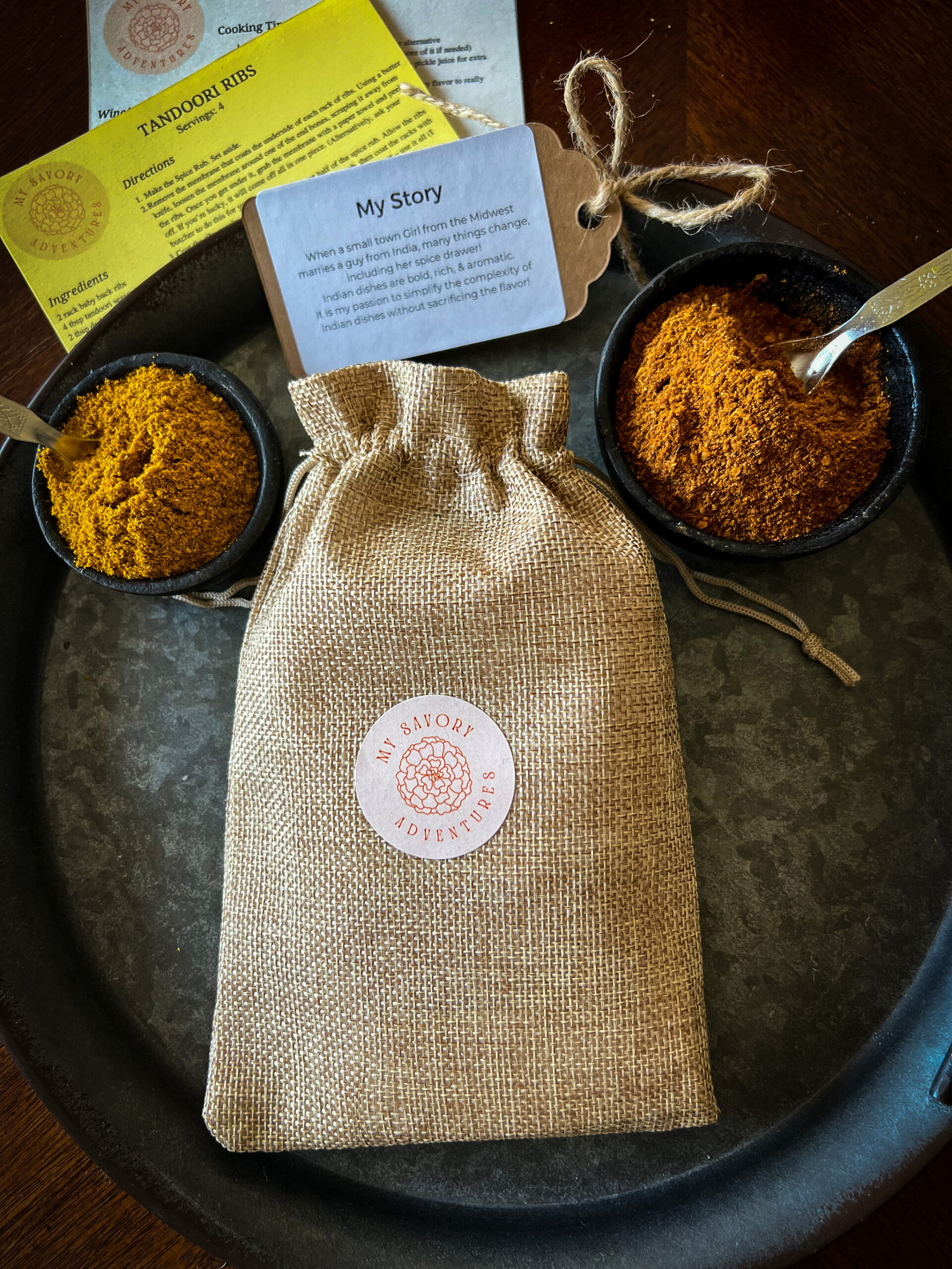 indian spice blends packaged in a burlap bag
